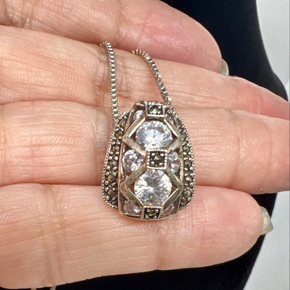 Art Deco 925 Silver Marcasite & Crystal Diamond Pendant - Picture 2 of 6